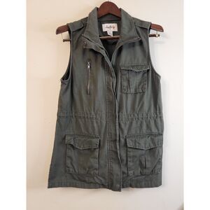 Daytrip Solid Green Sleeveless Utility Jacket Vest 100% Cotton Safari Women Med.